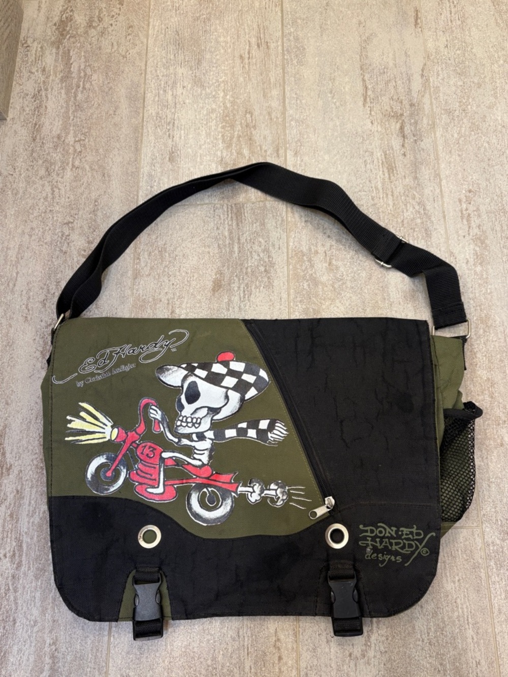 Ed Hardy Black and Olive Green Skull Rider Messenger Bag